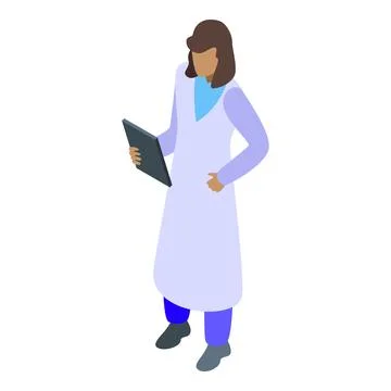 Medical intern holding tablet analyzing patient data in hospital gown Illustrazione stock