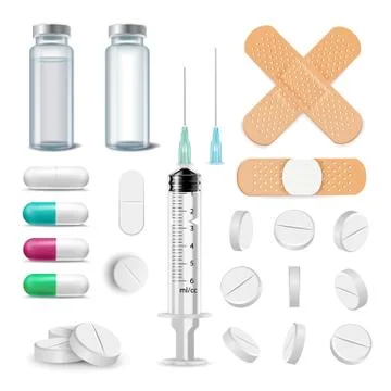 Medical Items Set Vector. Pills, Drugs, Ampoule, Syringe, Patch. Isolated Illustrazione stock