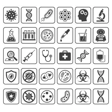 Medical laboratory icon set featuring virus, DNA, microscope, and bacteria .. Stock Illustration
