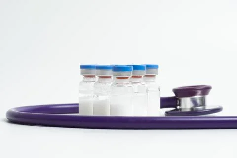Medical layout on white background, flat. stethoscope or phonendoscope, vac.. Photos