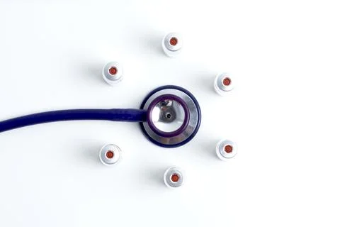 Medical layout on white background, flat. stethoscope or phonendoscope, vac.. Stock Photos