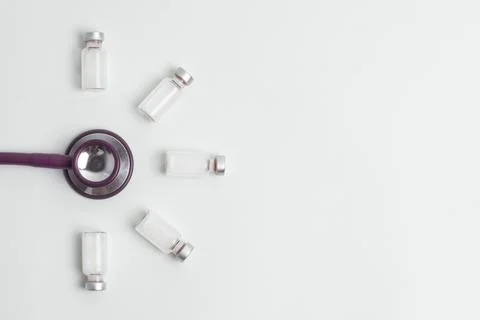 Medical layout on white background, flat. stethoscope or phonendoscope, vac.. Stock Photos
