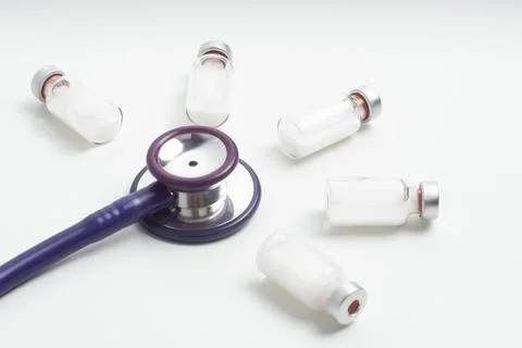 Medical layout on white background, flat. stethoscope or phonendoscope, vac.. Stock Photos
