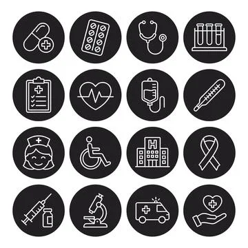 Medical line icon set featuring pills, stethoscope, hospital, nurse, ambula.. Stock Illustration
