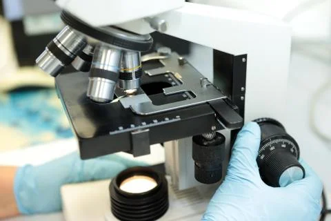 Medical microscope. Professional pharmaceutical microscope. Study of the prop Stock Photos