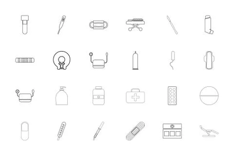 Medical objects black color set outline solid style image Stock Illustration