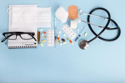 Medical objects flat lay Foto stock