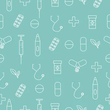 Medical outline seamless pattern with pill, syringe, thermometer and stethoscope Stock Illustration