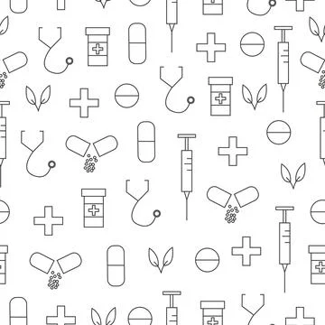 Medical outline seamless pattern with pill, syringe and stethoscope. Vector Stock Illustration