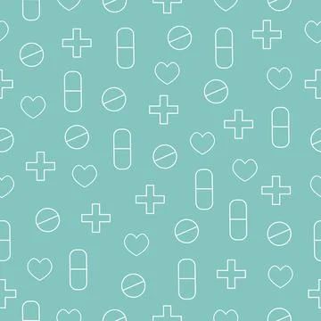 Medical outline seamless pattern with pill. Vector illustration on green Stock Illustration