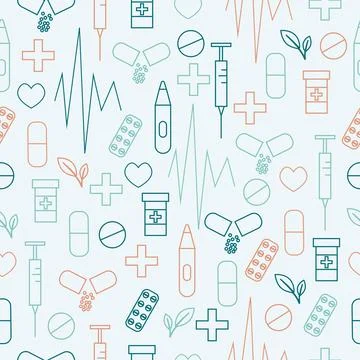 Medical outline seamless pattern with pill, syringe, heart. Vector illustration Stock Illustration
