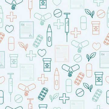 Medical outline seamless pattern with pill, syringe, heart, prescription. Vector Stock Illustration