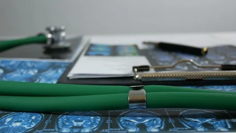 Medical papers on the desktop Stock Footage 87357741