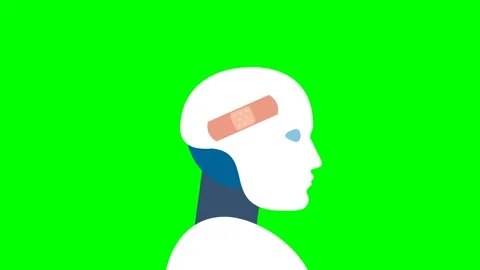 Medical patch is stuck on the robot's head. Sad broken robot with warning symbol Stock Footage 279936637