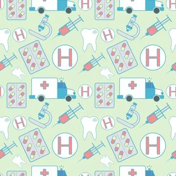 Medical pattern with color elements of ambulance, pills, hospital sign, syringe Stock Illustration