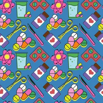 Medical pattern with color elements of atom, glass, pills, scissors, scalpel and 스톡 일러스트