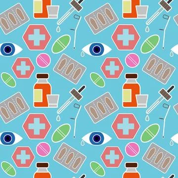 Medical pattern with color elements of candles, bottle of syrup, pipette, pills Illustrazione stock