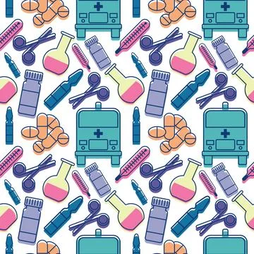 Medical pattern with color elements of pills, scissors, lab flask, ampule Illustrazione stock