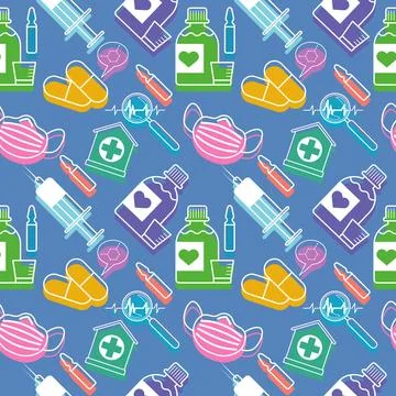 Medical pattern with color elements of syringe, bottle with beaker, pills, mask Stockillustratie
