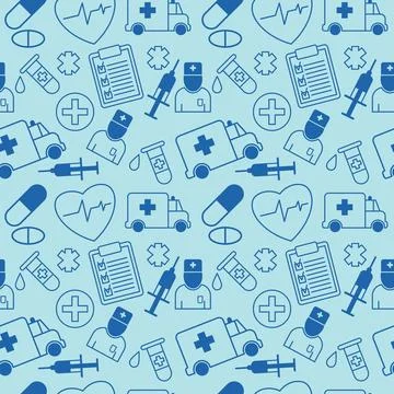 Medical pattern with elements of ambulance, doctor, test tube, syringe, cross 스톡 일러스트