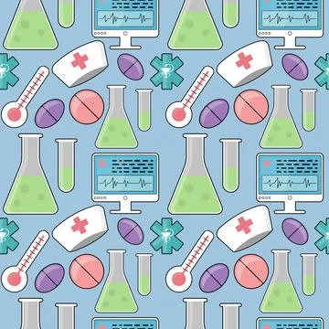 Medical pattern with elements of laboratory glassware, tumonitor, thermometer Illustrazione stock