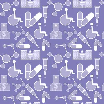 Medical pattern with elements of molecules, pills hospital building, doctor Stock Illustration