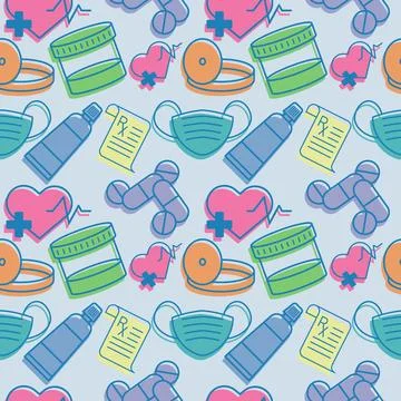 Medical pattern with elements of pills, heartbeat, toothpaste, frontal reflector Stock Illustration
