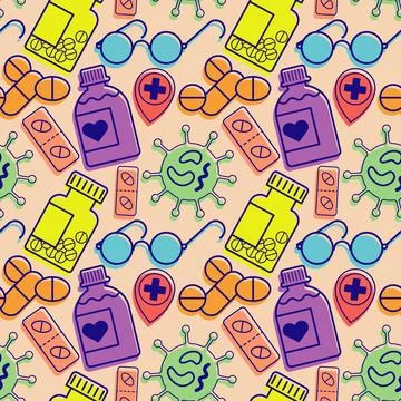 Medical pattern with elements of pills, virus, glasses, bottle and geo location Stock Illustration
