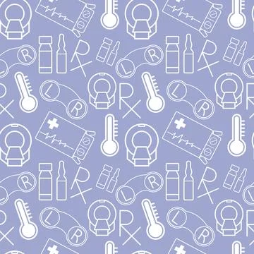 Medical pattern with elements of thermometer, mrt, pills in a box, contact Illustrazione stock