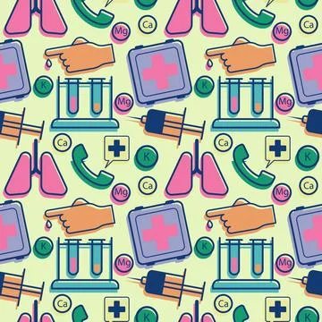 Medical pattern with elements of vitamins, hand, lab tubes, healthkit, syringe Stock Illustration
