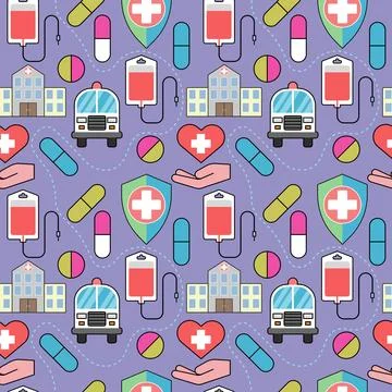 Medical pattern with flat color elements in vector Stock Illustration