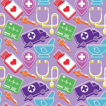 Medical pattern with flat color elements of bottle, mortar and pestle, monitor Illustrazione stock