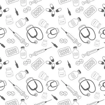 Medical pattern with the image of a syringe stethoscope pills Stock Illustration