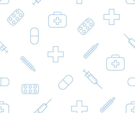 Medical pattern of linear icons. Set of medications for treatment. Background Stock Illustration