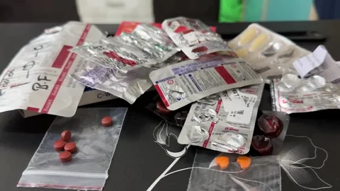 Medical pills, tablets, and empty blister packs lying in a disorganized pile. Stock Footage 336942723