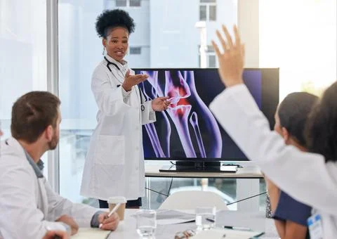 Medical presentation, woman and doctors xray with hospital team with question Stock Photos