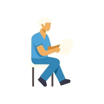 Medical professional analyzing patient document on a stool Illustrazione stock