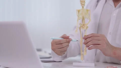 Medical professional explaining skeletal anatomy using model while pointing.. Stock Footage 341455853
