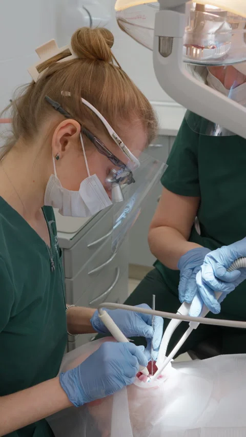 Medical professional performs deep teeth cleaning using ultrasound scaler tool Stock Footage 332229889
