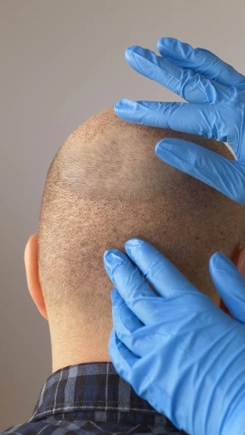 Medical professional performs final scalp assessment on male patient after hair Video stock 334242958