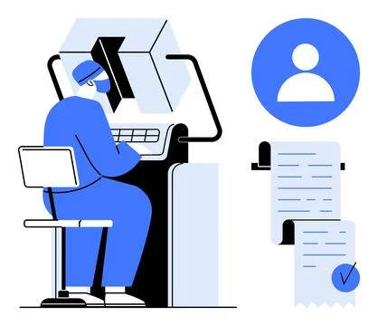 Medical professional seated at a computer analyzing radiology imaging. Nearby Stock Illustration