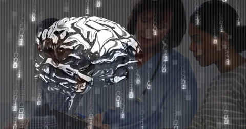 Medical professional tapping tablet, activating rotating holographic brain with Stock Footage 312407649