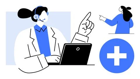 Medical Professional Using Laptop with Headset and Health Symbol 스톡 일러스트