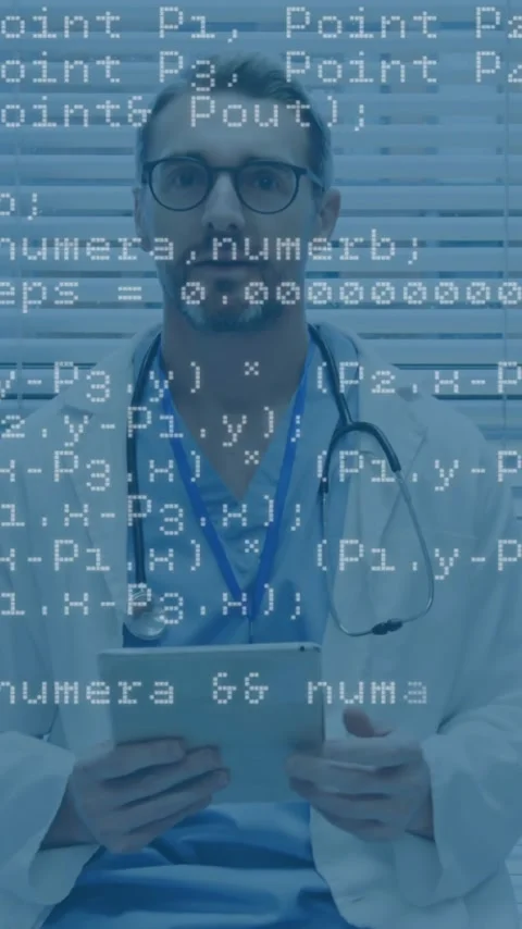 Medical professional using stethoscope with programming code animation overlay 動画素材 343028686