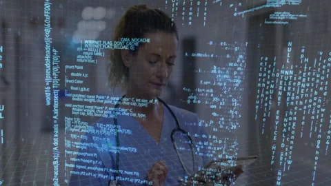 Medical professional using tablet, coding and data processing animation over Stock Footage 304575109