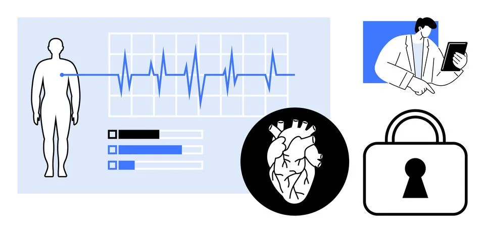 Medical professional using a tablet while evaluating heart metrics on EKG mon Illustrazione stock