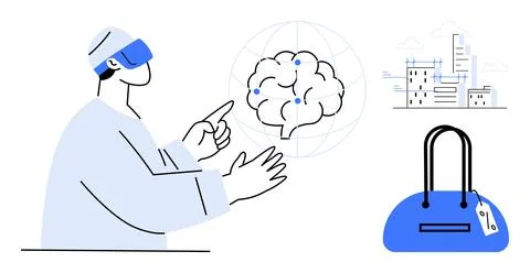 Medical professional using VR headset pointing at a brain model, smart city i Stock Illustration