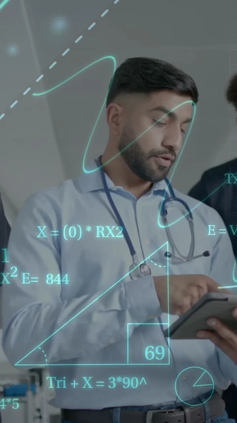 Medical professionals discussing patient data over mathematical and scientific Stock Footage 320150415