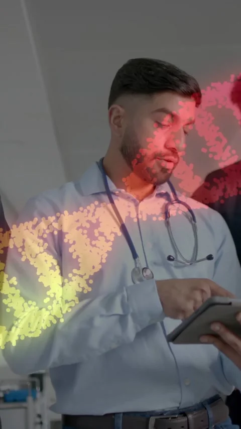 Medical professionals discussing patient data over DNA strand animation Stock Footage 342015604
