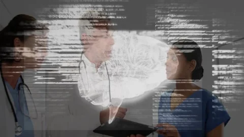 Medical professionals using tablet in clinic, projecting holographic brain model Stock Footage 326427388
